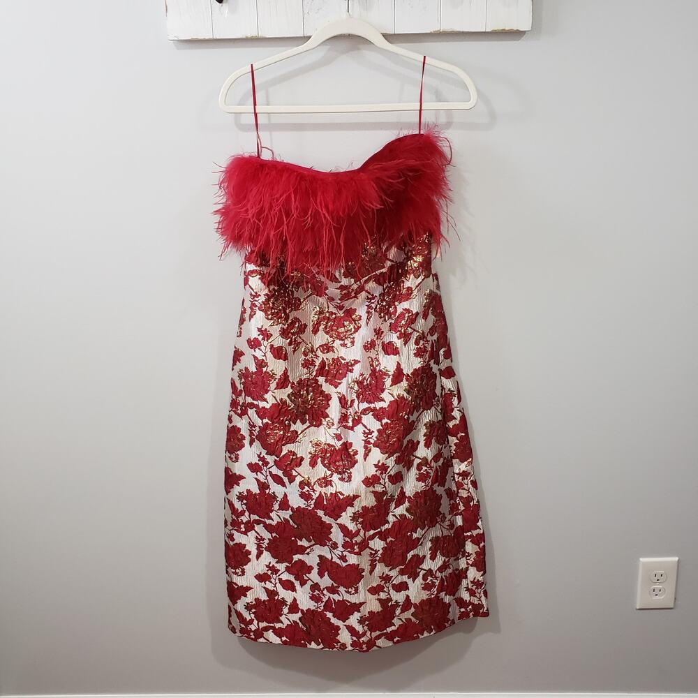 Hyacinth House Reina Red Jacquard Feather Dress NWT
